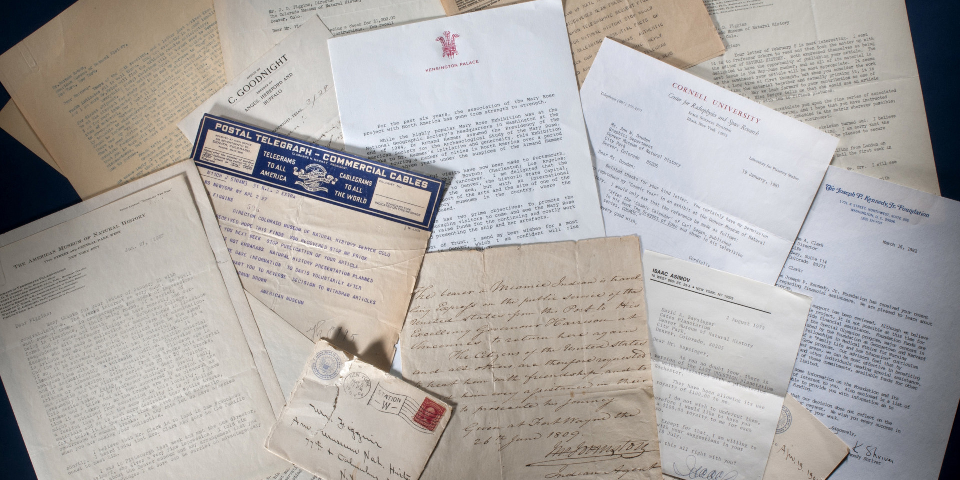 laid out array of telegrams, letters and other correspondence from the Museum's archives