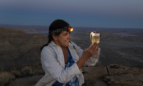 A scientist holds up a jarred specimen in the field.