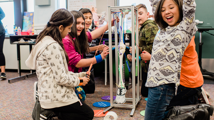 Several students use a model human leg to kick an object, one student cheers