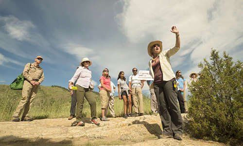 A group stands on a trail in a field listening to Michele Koons talk about the history of the Magic Mountain site.