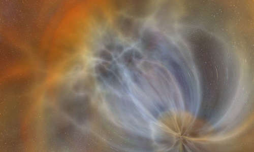 Colorful image from space with orange and blue swirls in a flower shape