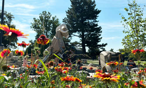 Flowers blooming in foreground; Ram structure in background